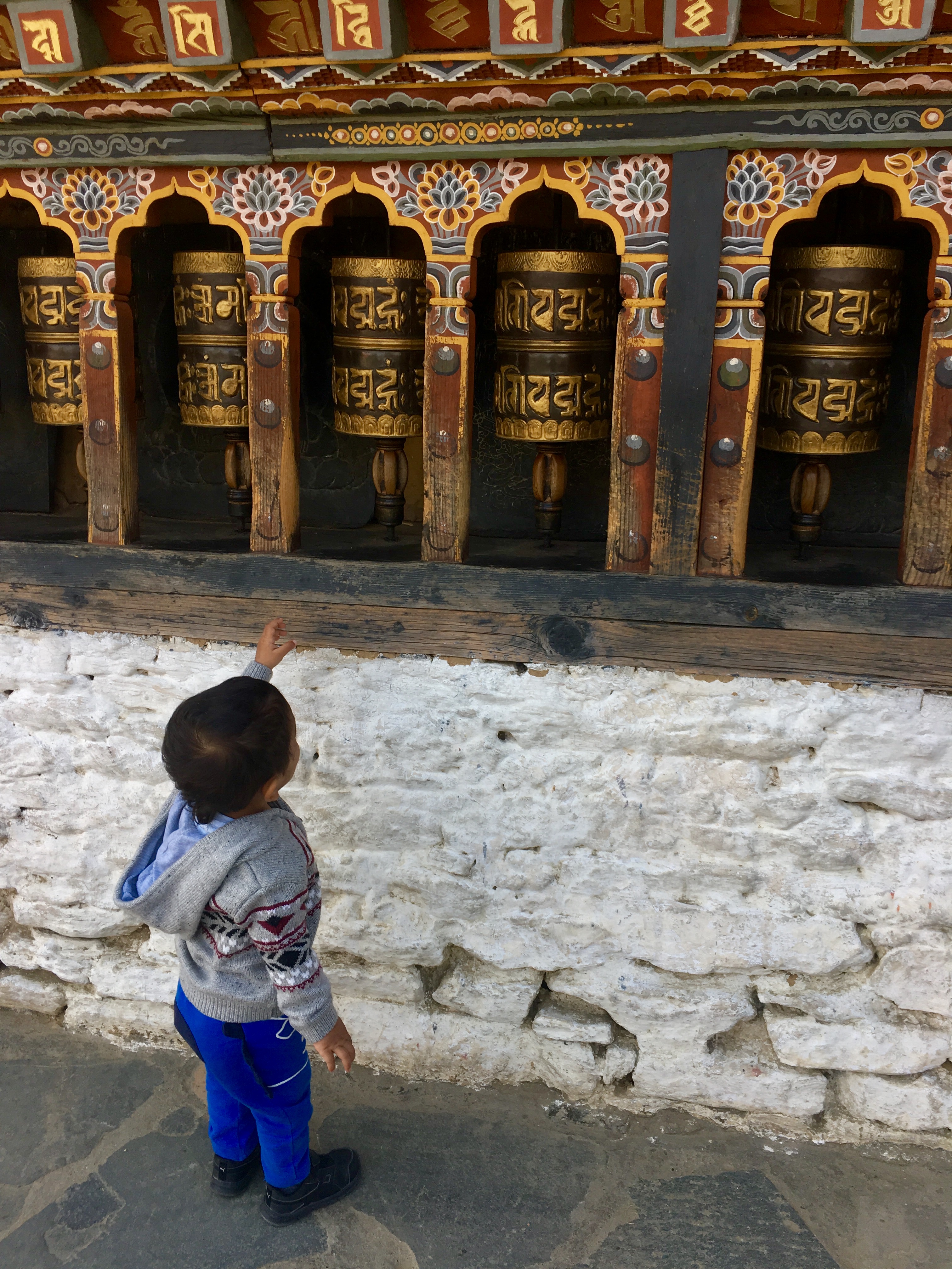 Learning about prayer wheels, Thimphu, Bhutan