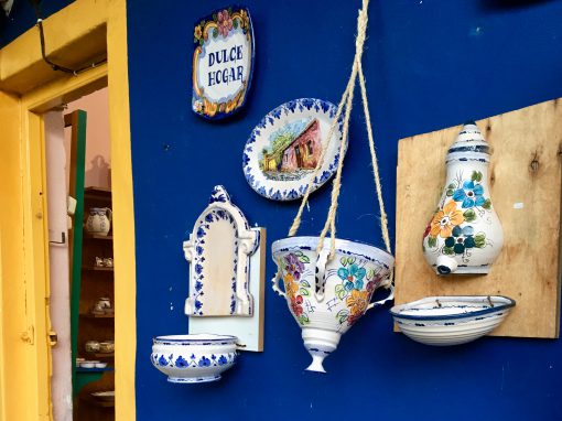Kitschy, colourful souvenir shops in Colonia del Sacramento, Uruguay